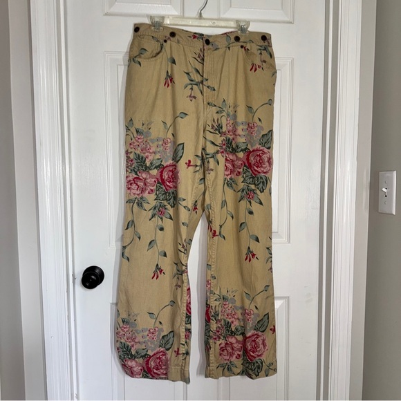 Hunt Club Cream Beige and Pink Floral Cotton Linen Wide Leg Pants size 16 - Picture 3 of 11